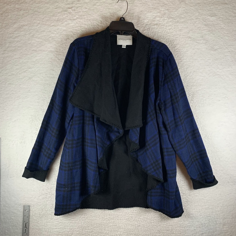 Katherine Barclay Montreal Cardigan Women's XL‎ Blue Black Plaid Wool Open Front